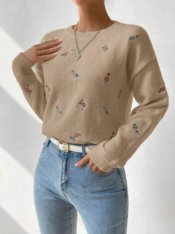 Women's Fashion Flower Embroidery Knitted Temperament Crew Sweaters