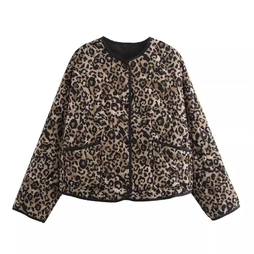 Women's Leopard Print Round Neck Cotton Jackets