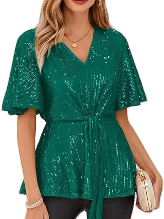 Women's Outline Tie Front Flare Sleeve Glitter Bruce Tops