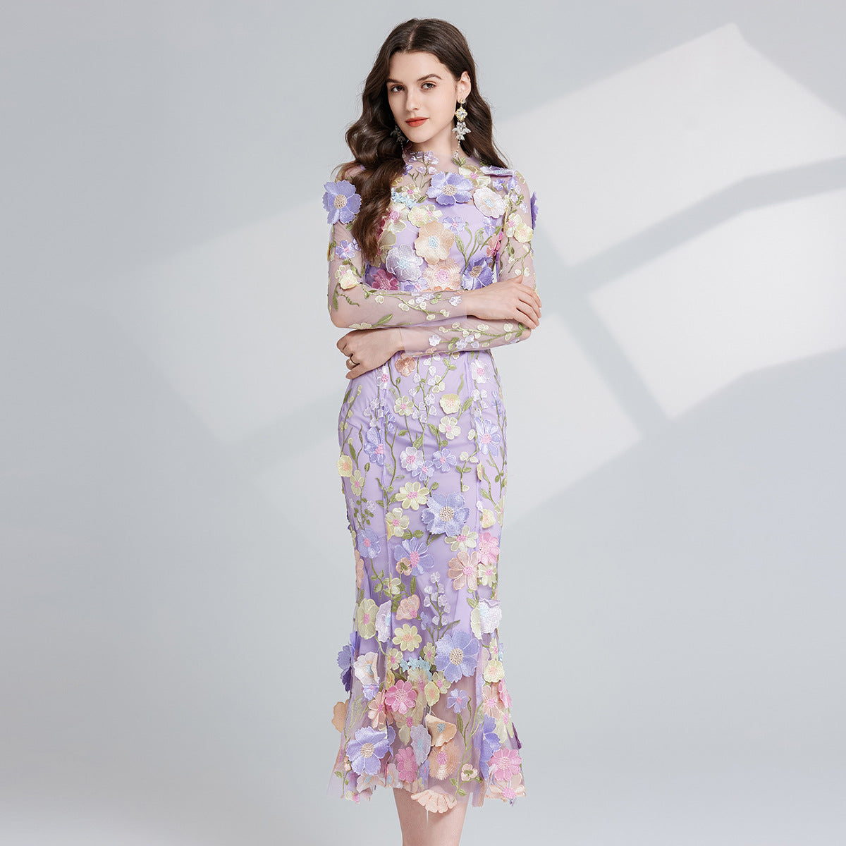 French Entry Lux Embroidered Three-dimensional Flower Long Dresses