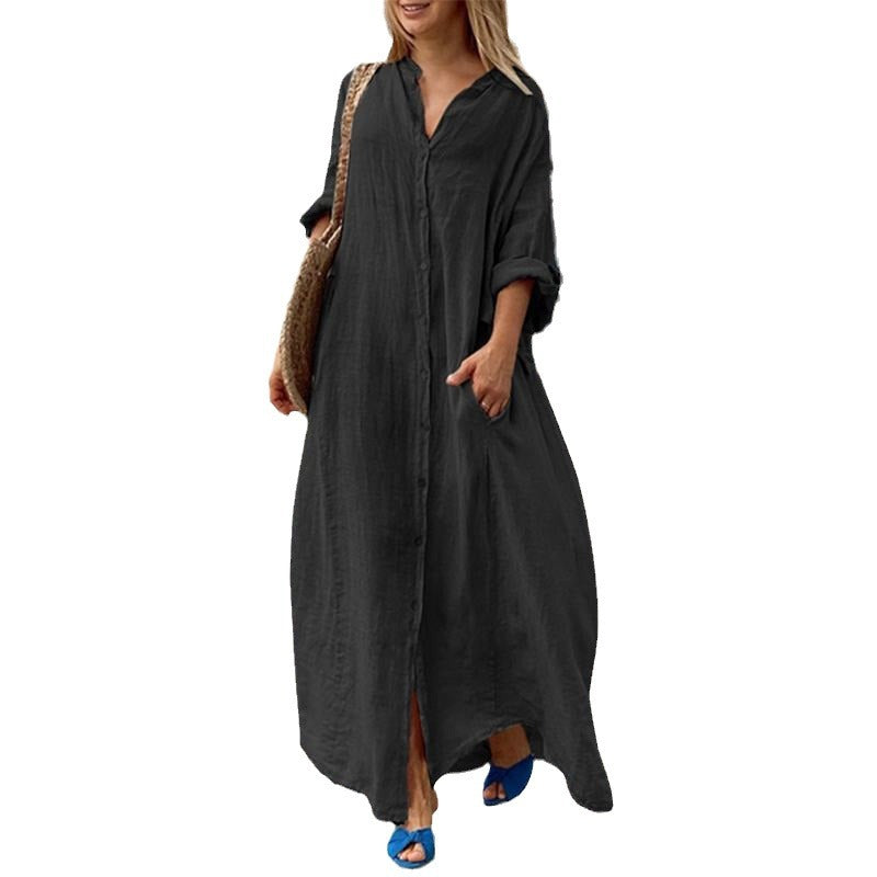 Casual Pocket Shirt Collar Long Dress Dresses
