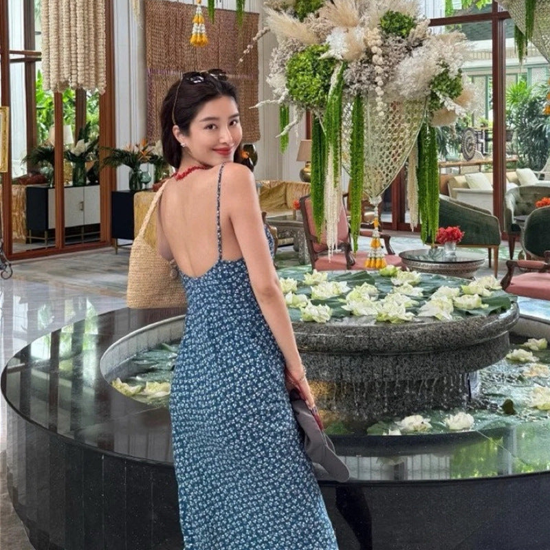 Flower Low-cut Mid-length Slim Fit Backless Dresses