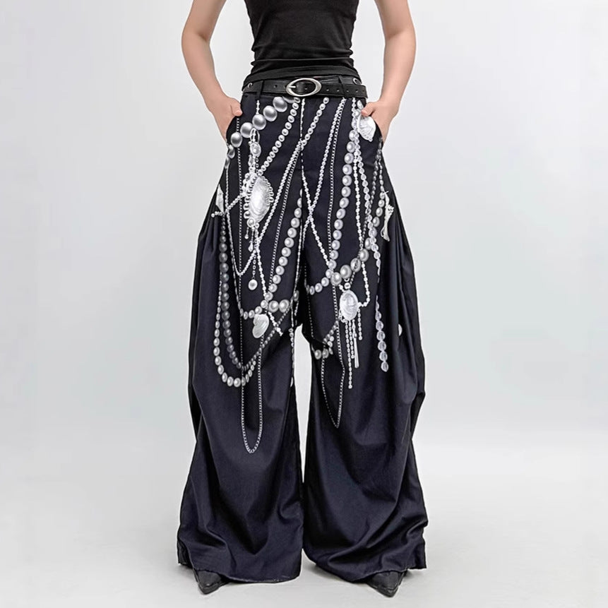 Women's Design Pearl Floral Print Casual Autumn High Pants