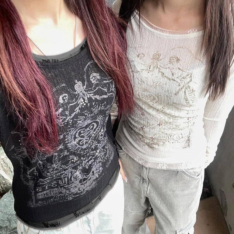 Totem Print Stitching Lace Sense Long Blouses