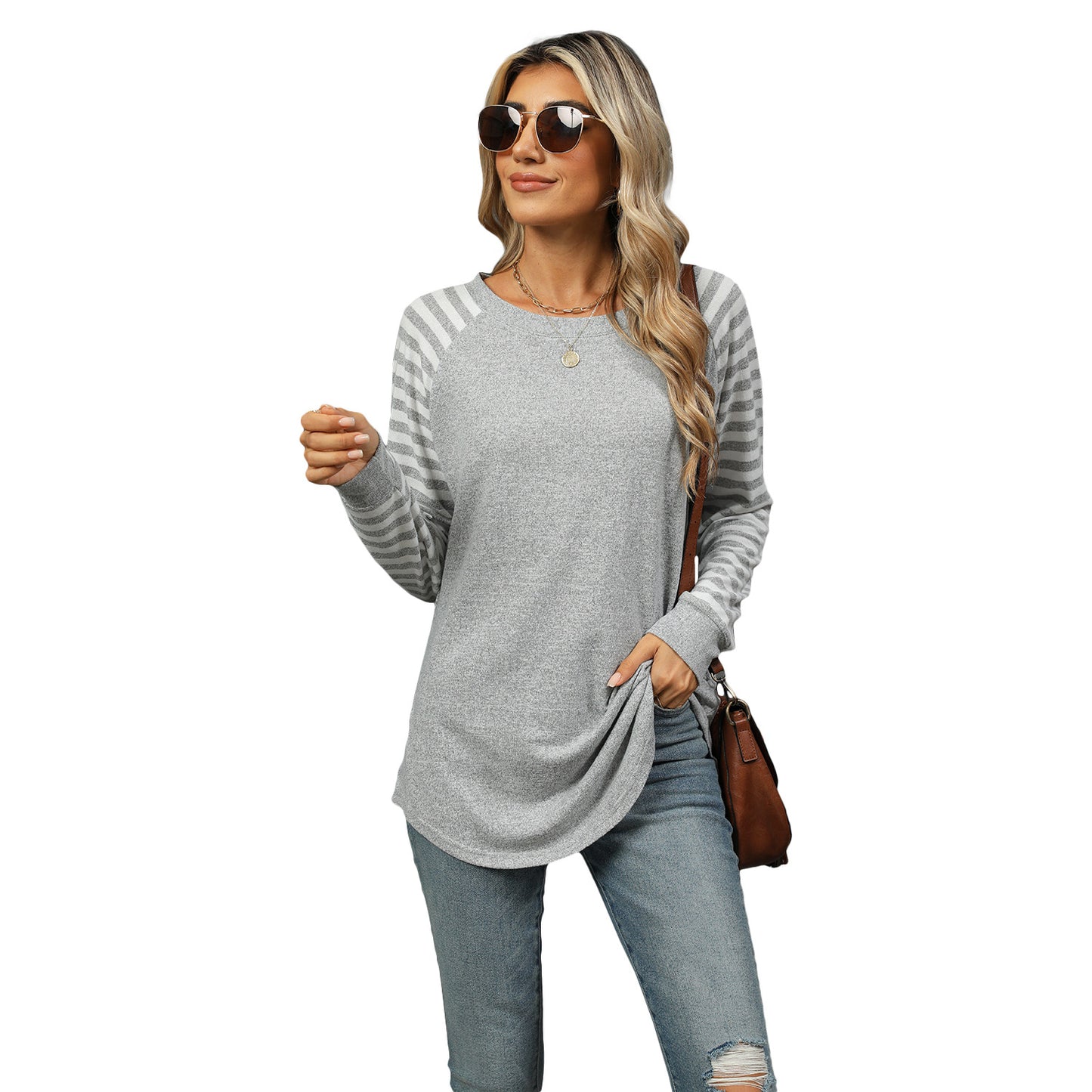 Women's Color Striped Patchwork Round Neck Long-sleeved T-shirt Blouses