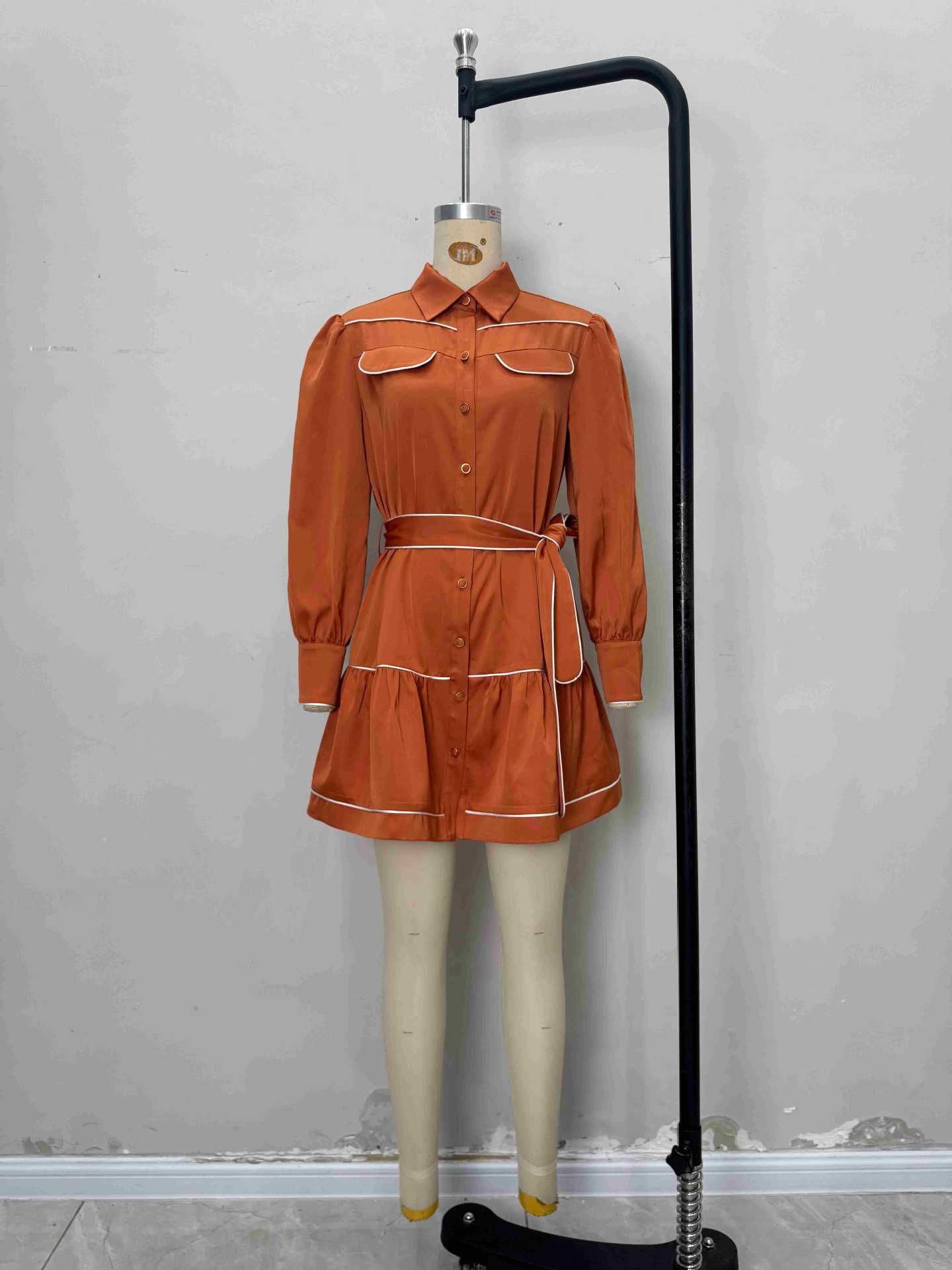 Fashionable Caramel Contrast Color Decorative Belt Dresses
