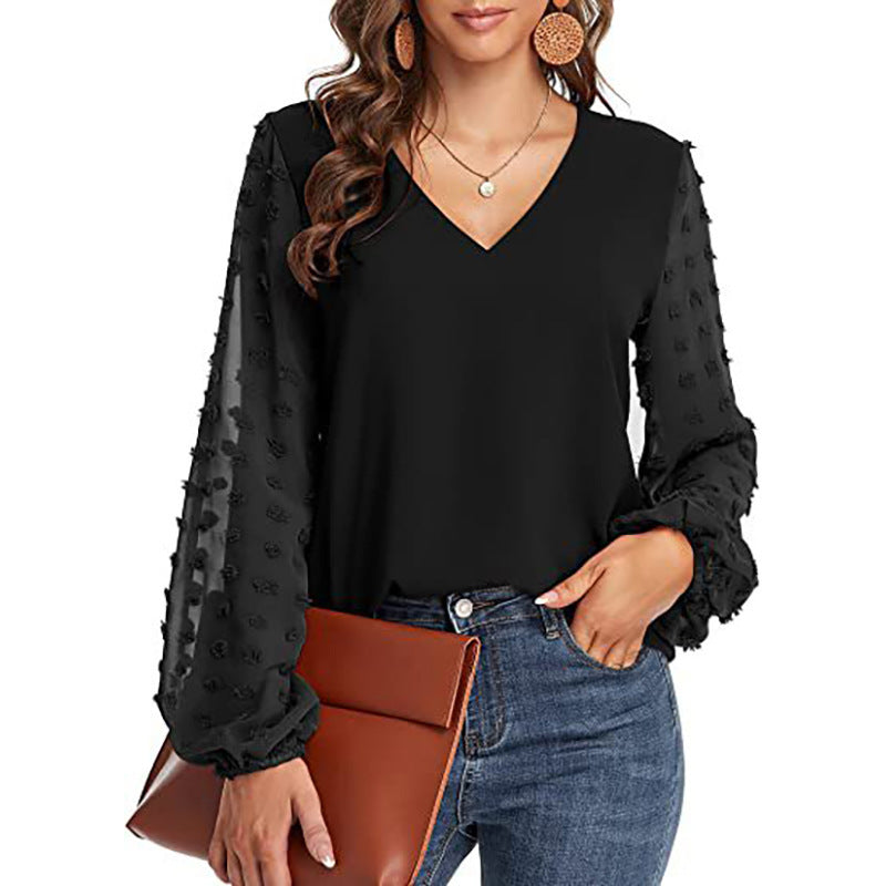 Women's Chiffon Shirt Stitching Big Fur Ball Blouses