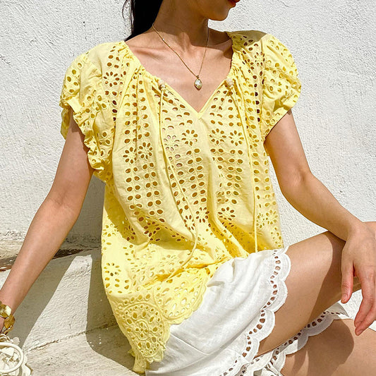 Women's Shirt Vacation Style Embroidered Sleeve Summer French Design South Blouses