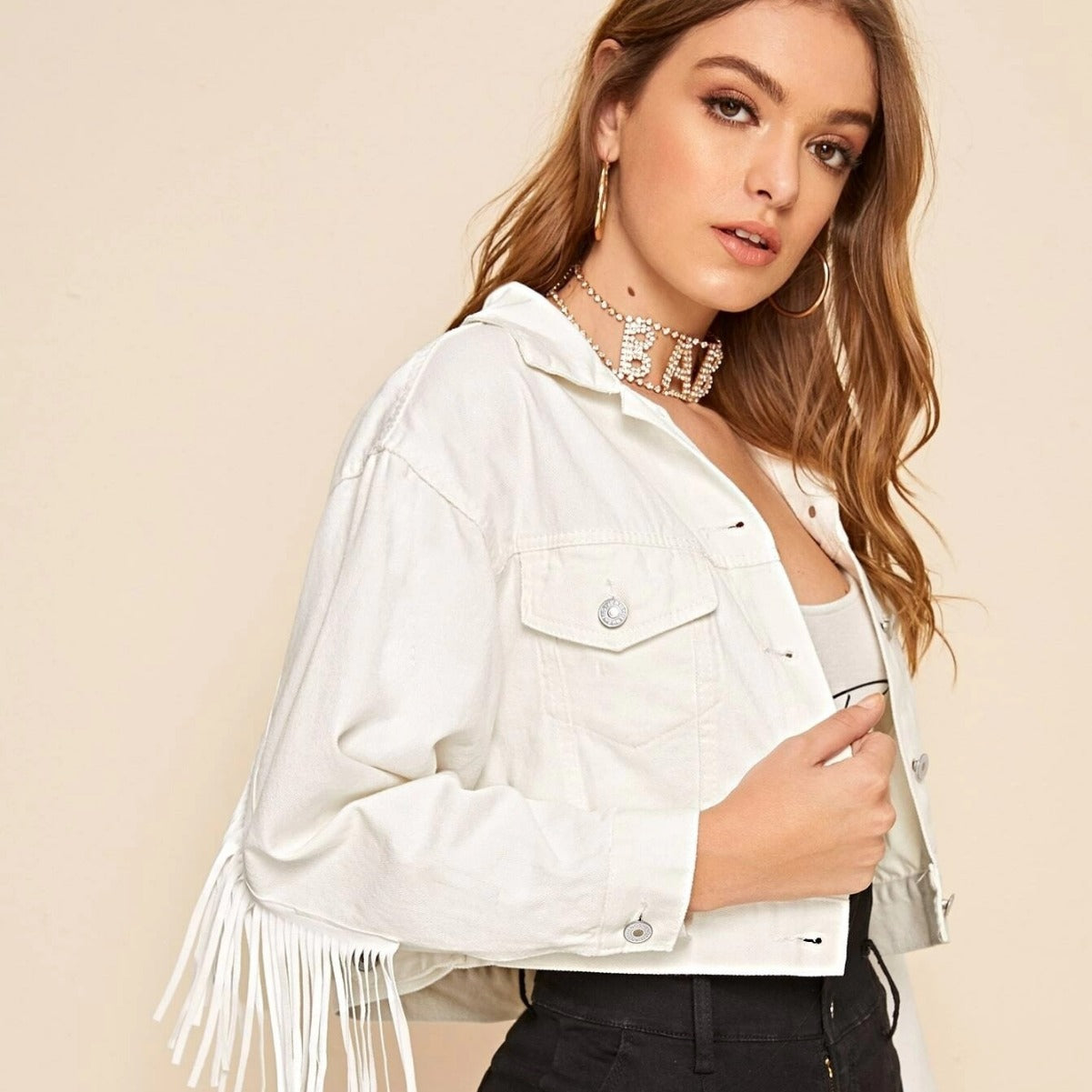 Women's Unique Classy Tassel Denim White Clothing