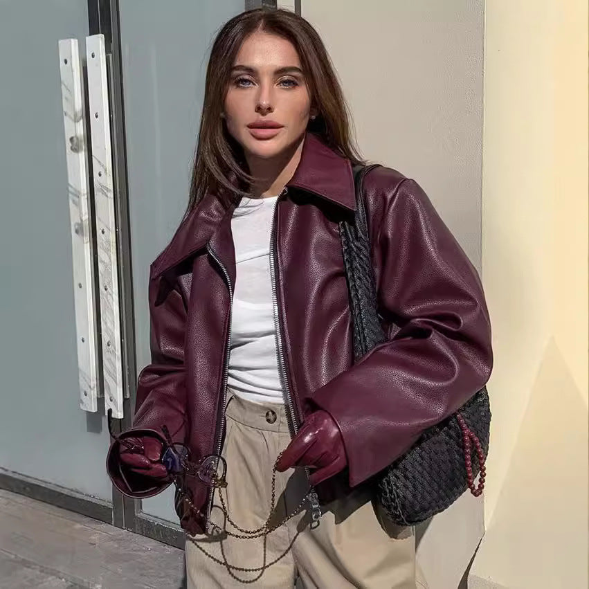 Women's Locomotive Style Leather Baggy Fashion Overcoat Jackets