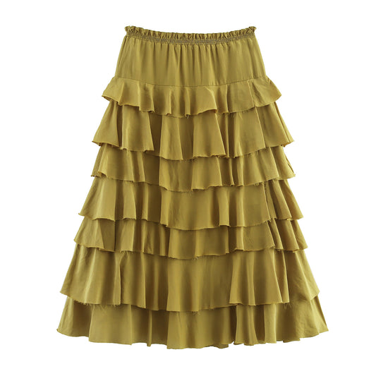 Series Laminated Decoration Solid Color Midi Skirts