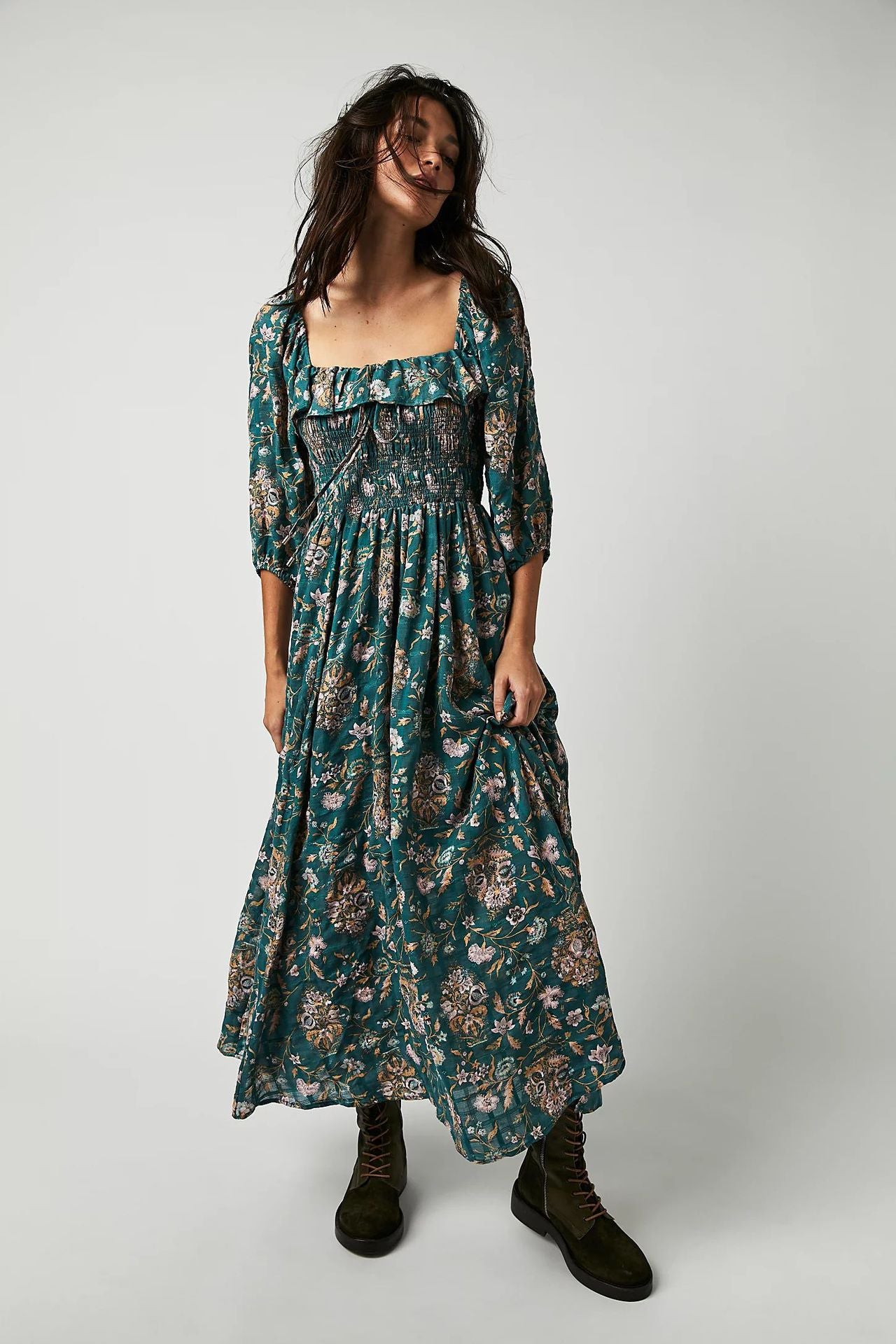 Autumn Exposed Back Ruffled Square Collar Printed Dresses