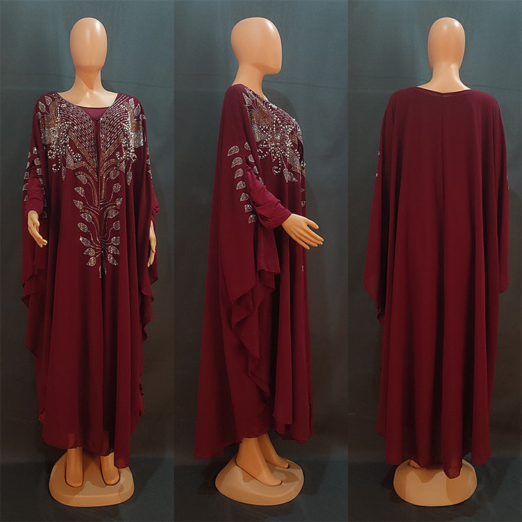 Women's African Dress Chiffon Rhinestone Robe Muslim Dresses
