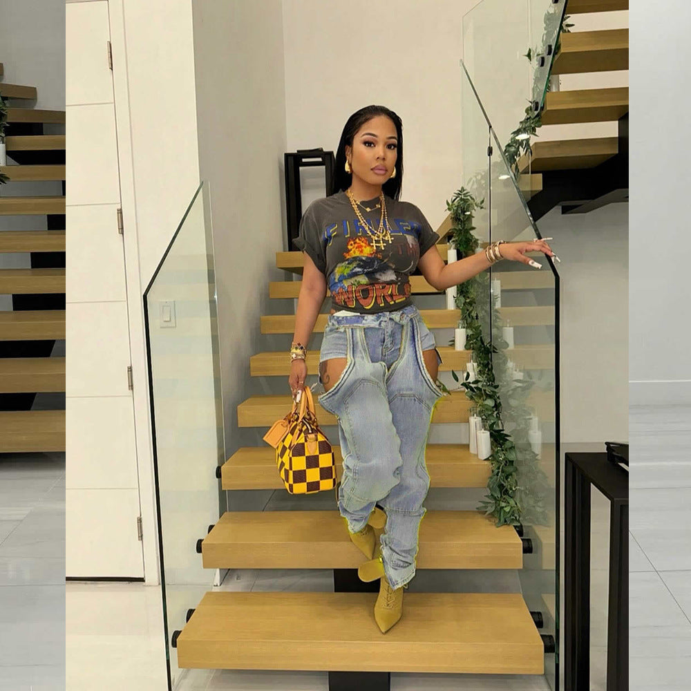 Creative Slouchy Cool Personality Two-piece Stitching Jeans