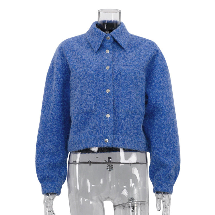 Women's Winter Klein Blue Lapel Long-sleeved Woolen Jackets