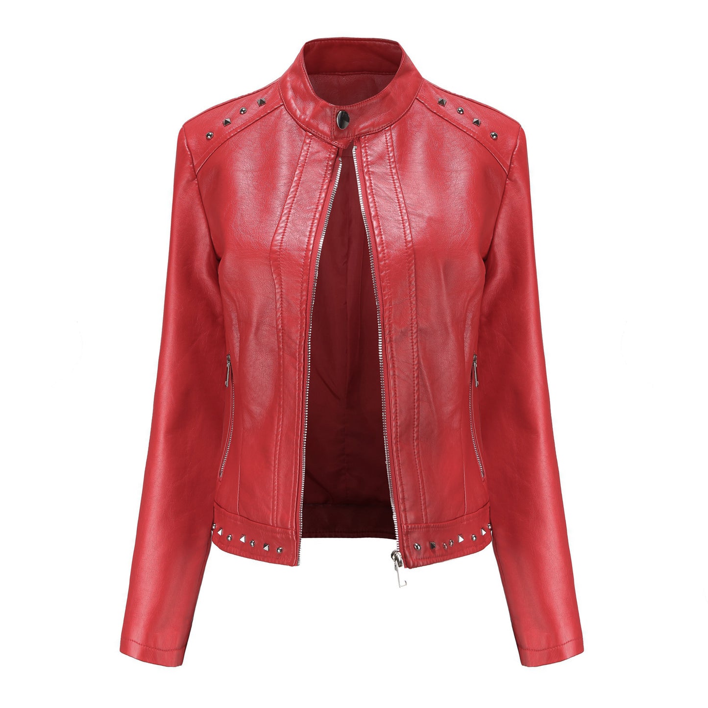 Women's Fashion Leather With Stand Collar Solid Jackets