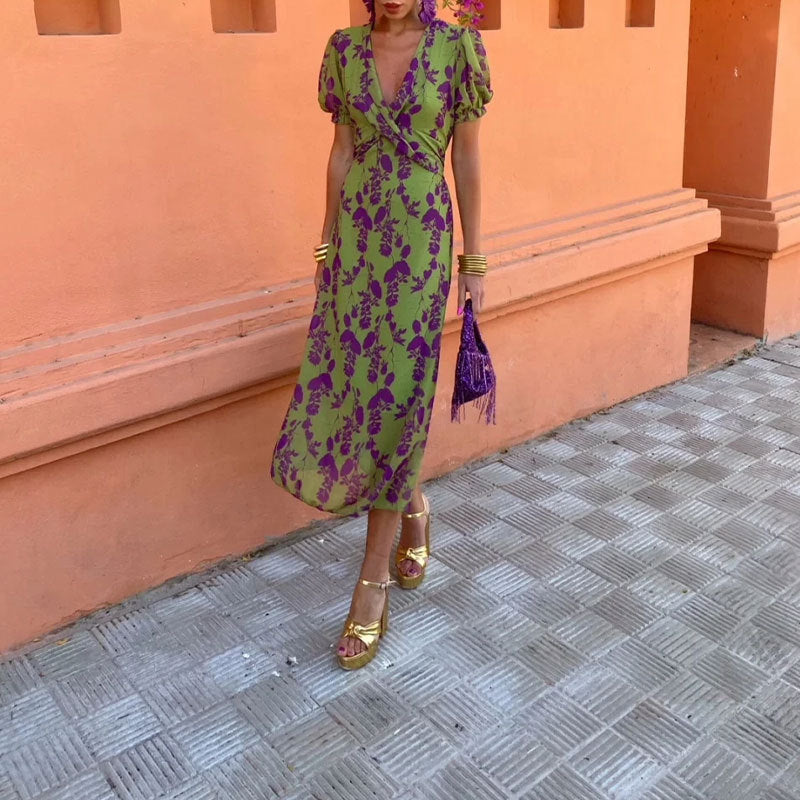 Women's Color Contrast Printed Long Dress Elegant Dresses