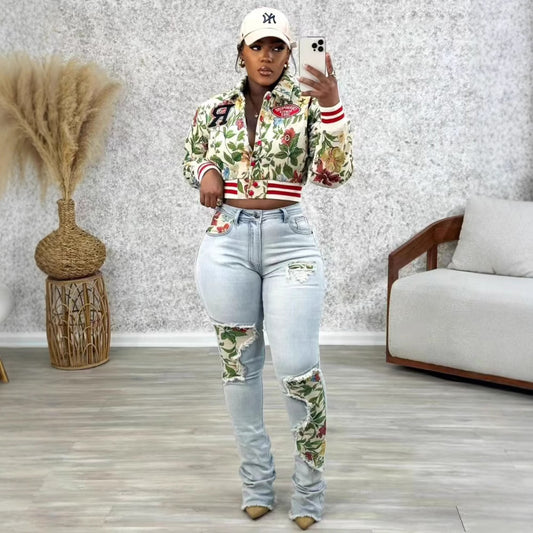 Women's Fashion Casual Printing Baseball Lining Jackets