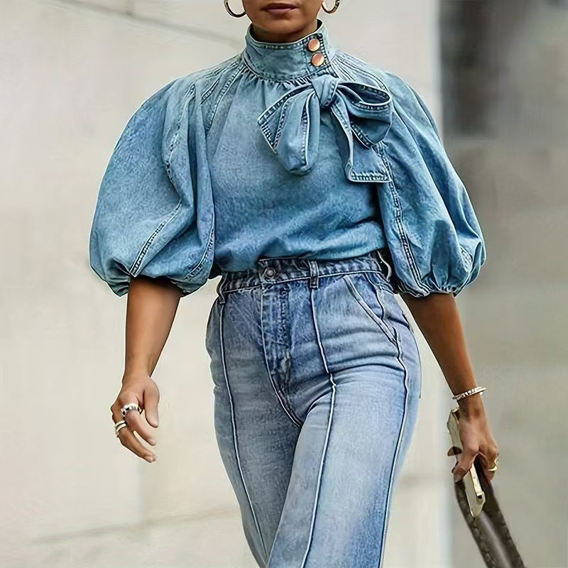 Women's Spring Retro Loose Neckline Denim Shirt Blouses