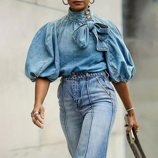 Women's Spring Retro Loose Neckline Denim Shirt Blouses
