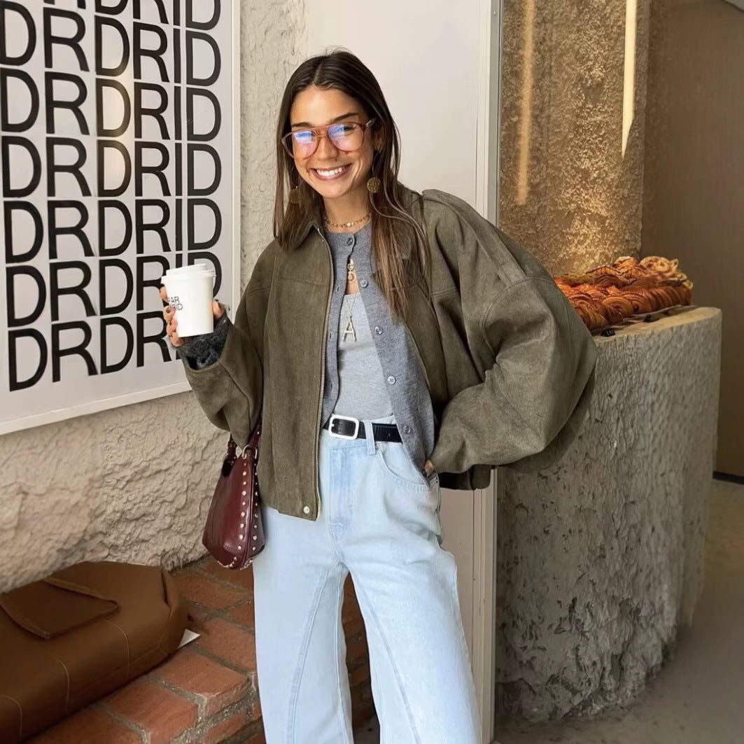 Women's Colors Leisure Suede Texture Lapel Bomber Jackets