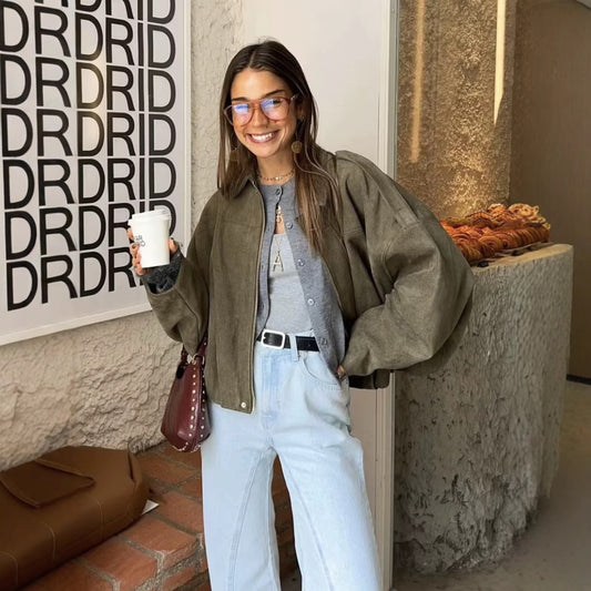 Women's Colors Leisure Suede Texture Lapel Bomber Jackets