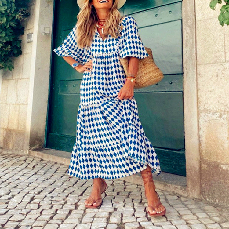 Women's Autumn Geometric Collage Puff Sleeve Dress Street Clothing