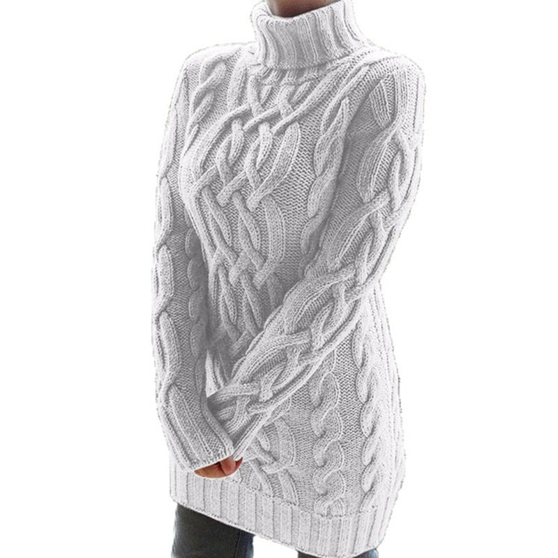 Long Sleeve Slim Knit Dress Solid Color High Neck Thickened Sweater
