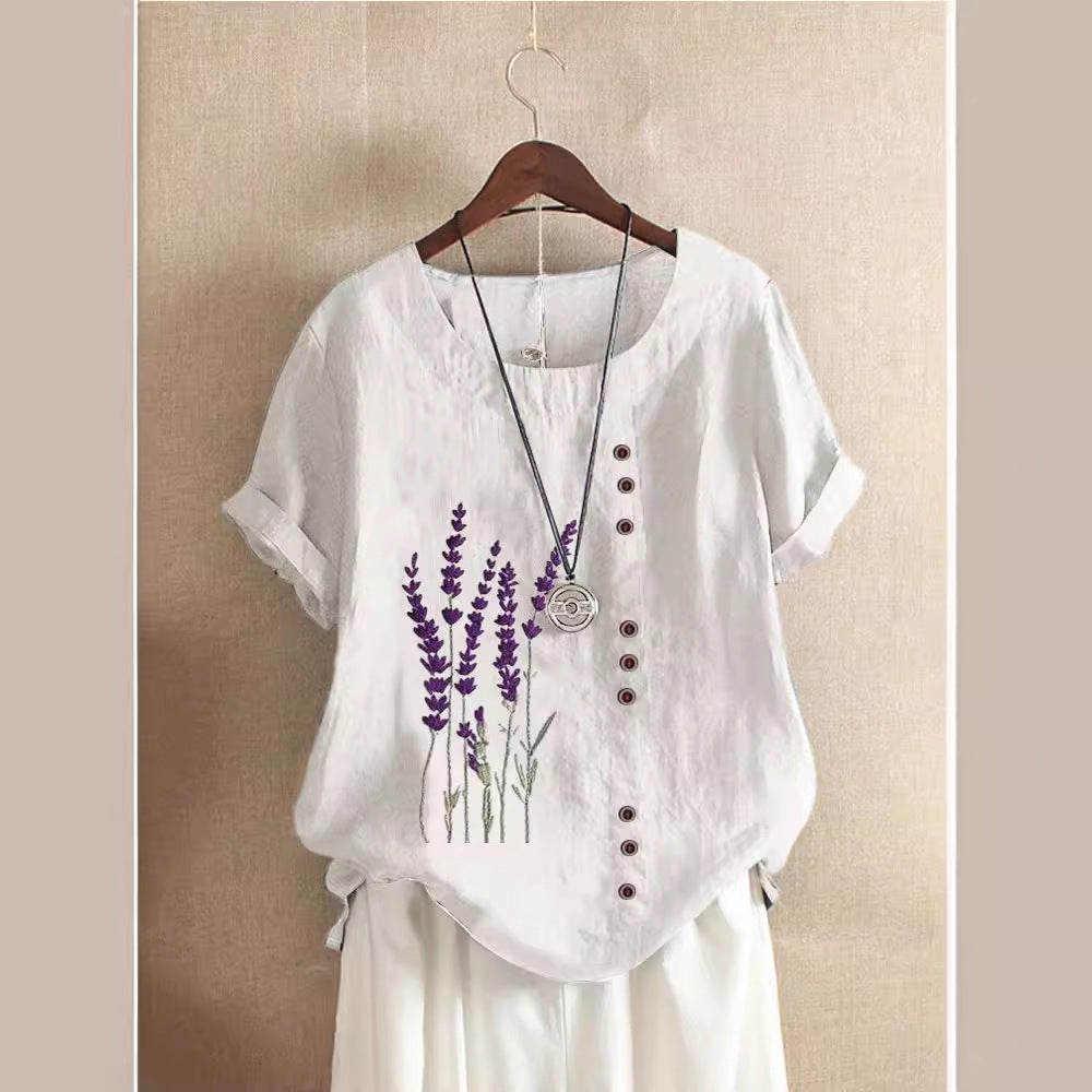 Women's Fresh Printed Round Neck Sleeve Fastener Blouses