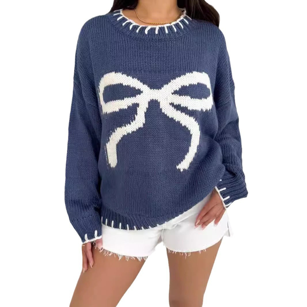 Women's Bow Brocade Idle Style Loose Warm Sweaters
