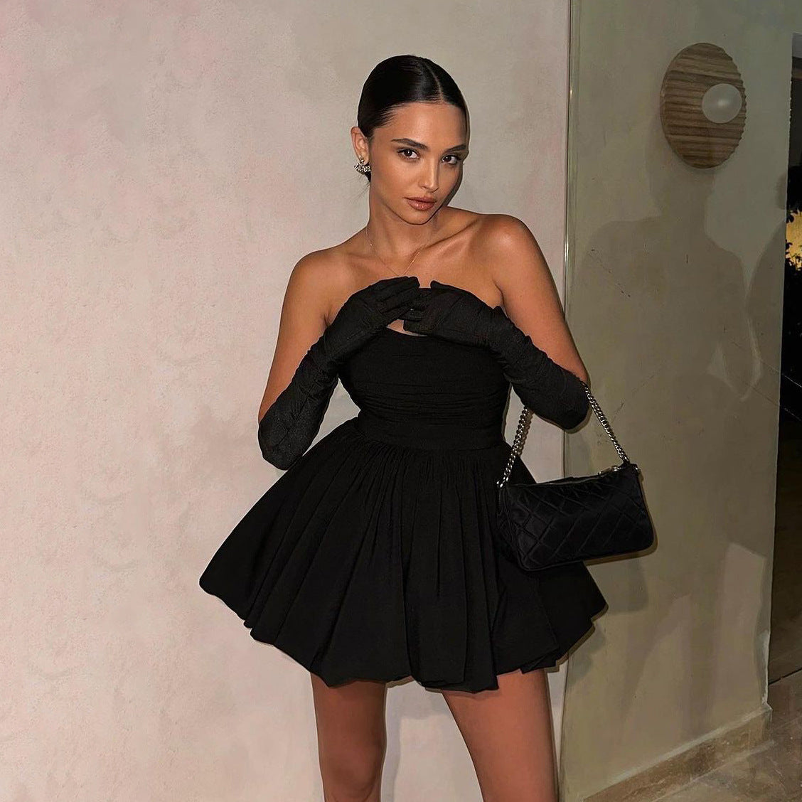 Dress Tube Hepburn Style Pleated Black Tops