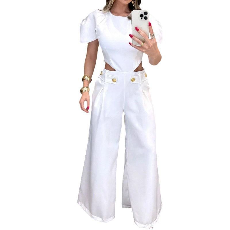 Button Zipper Waist Hollow Solid Color Pants