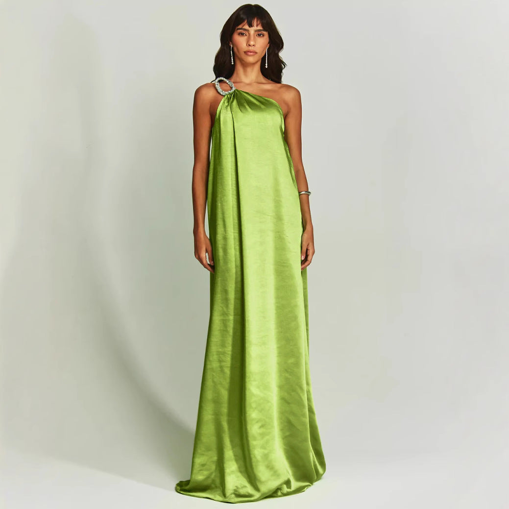 Satin Slant Shoulder Long Dress Loose Dresses