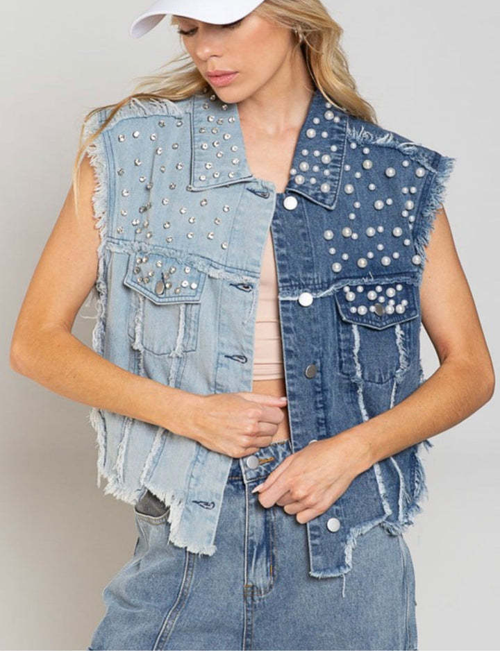 Women's Creative Denim Splicing Beads Loose Vests