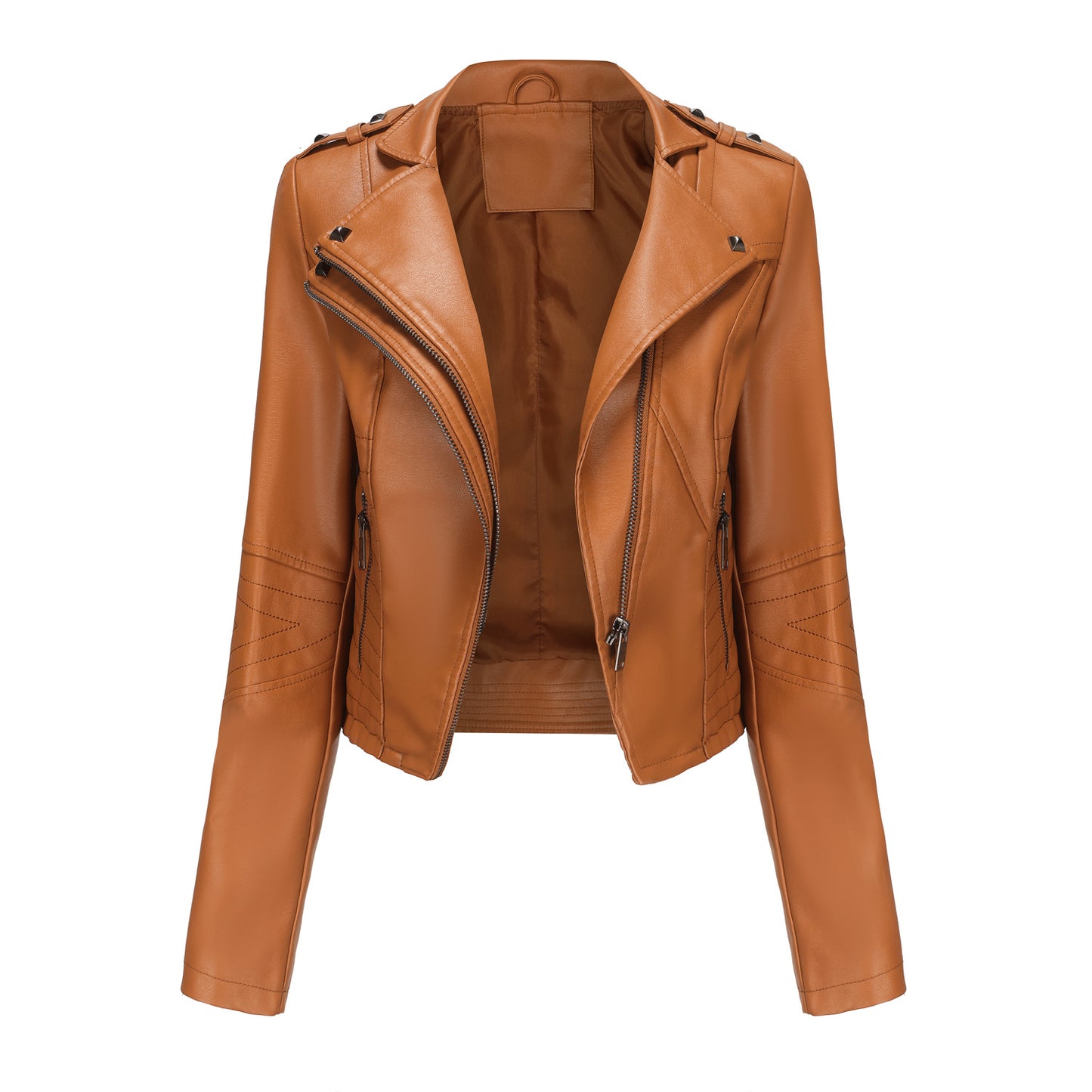 Women's Long-sleeved Leather Rivet Popular Zipper Jackets