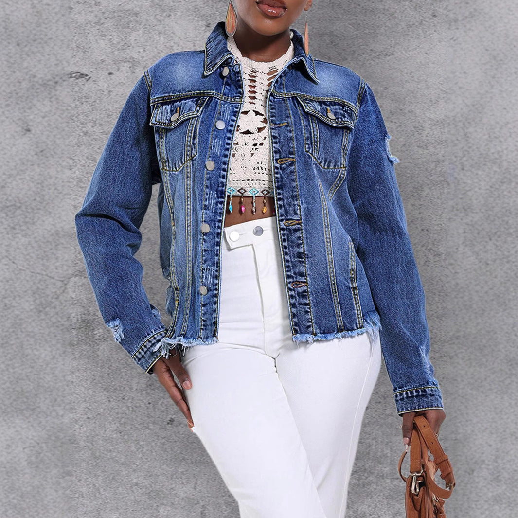 Women's Denim With Fashion Ripped Fur Edge Jackets