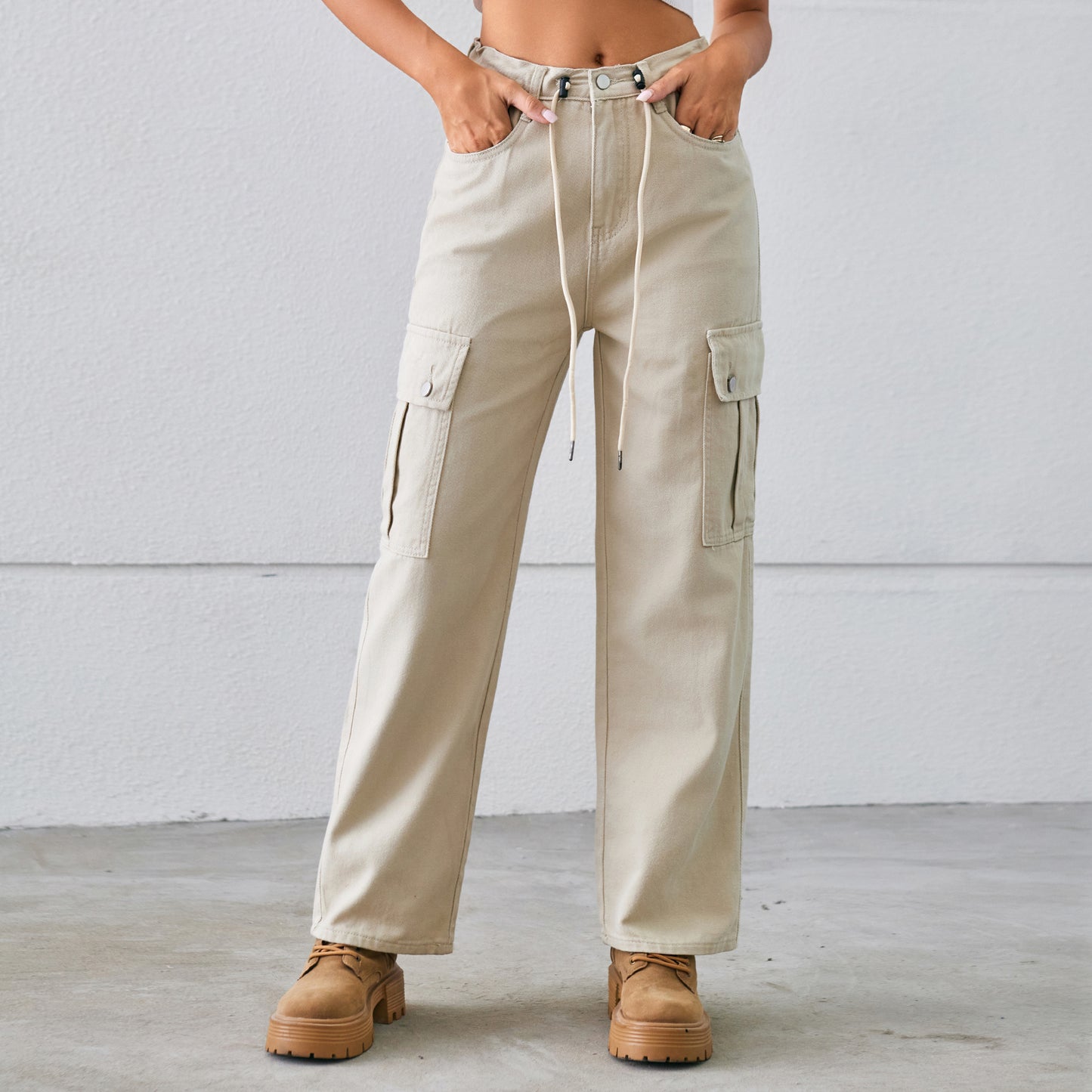 Women's Denim Drawstring Adjustable Washed Cargo Trousers Jeans