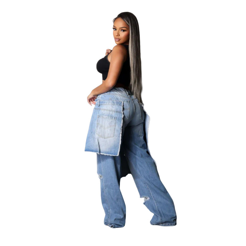 Casual Stretch Fashion Apron Ripped Straight Jeans