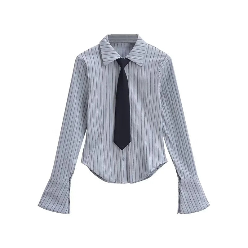 Women's Younger College Style With Tie Long Sleeve Blouses