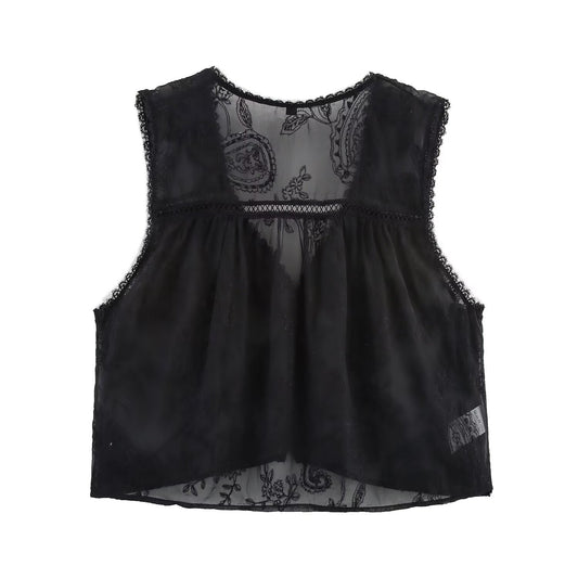 Women's Fashion Vertical Lace Embroidered Decorative Sleeveless Vests