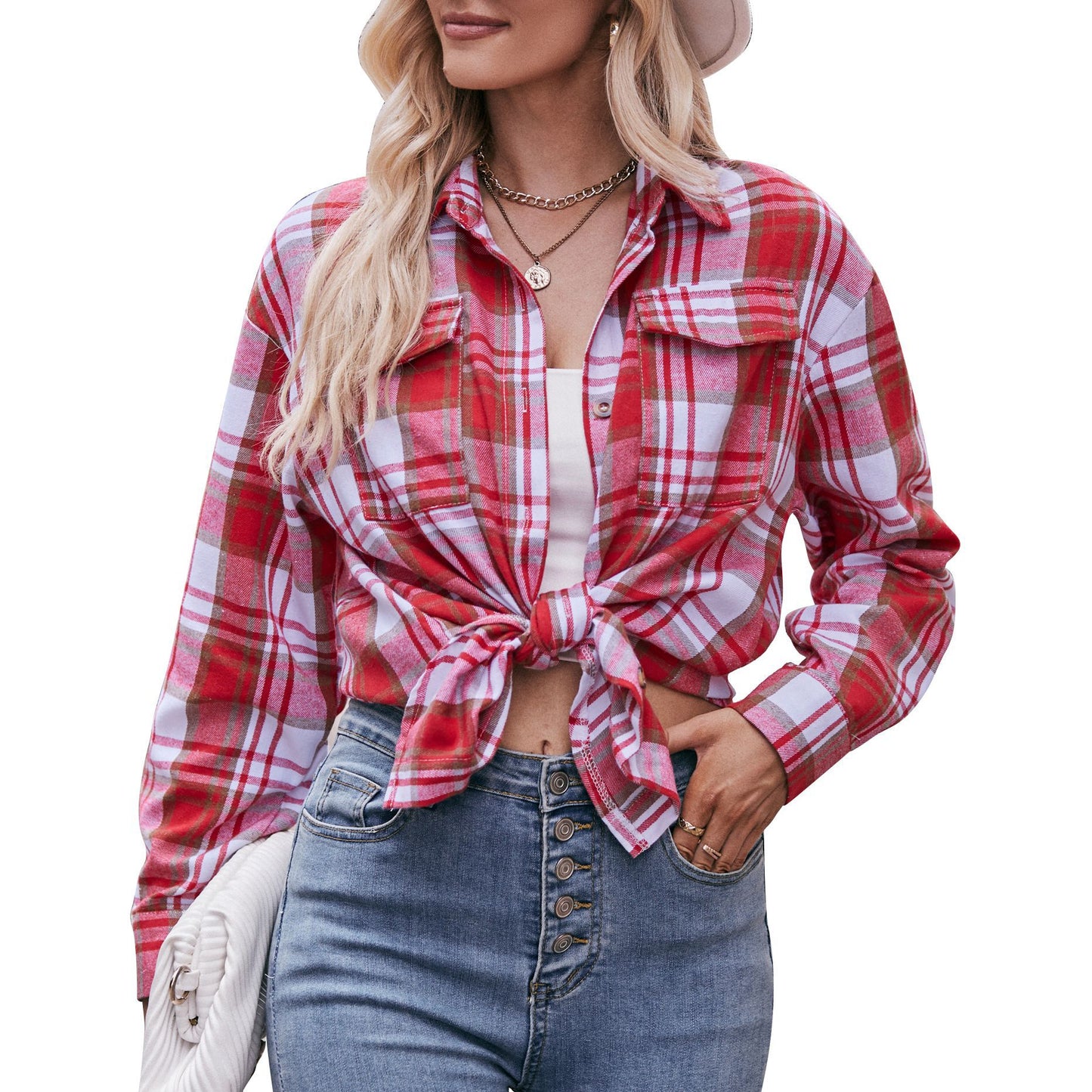 Women's Casual Fashion Loose Plaid Shirt Blouses
