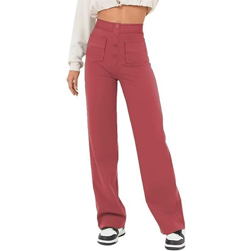 Women's Fashion Wear Casual Straight High Waist Button Pants