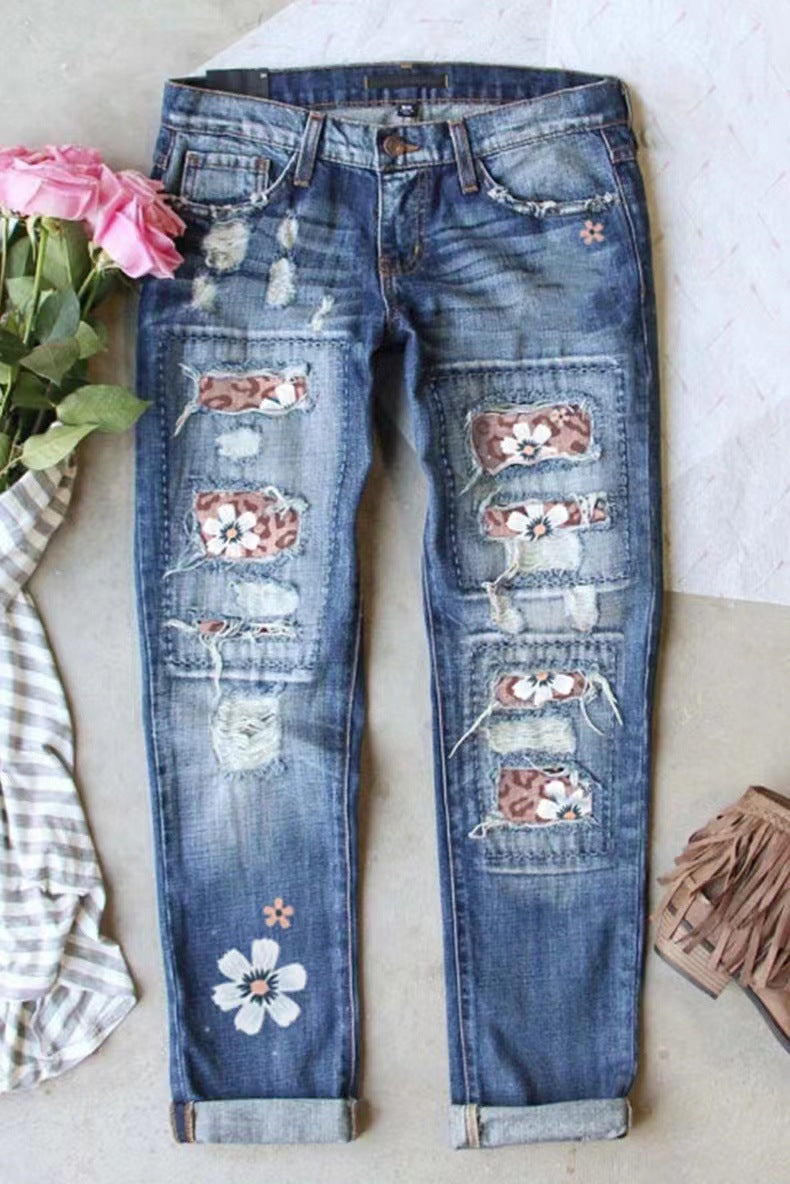 Women's Fashion Holes Printed Mid Waist Straight Jeans