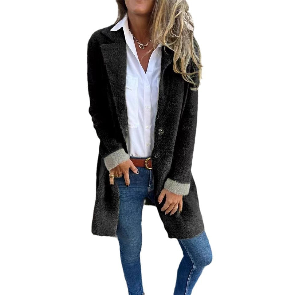 Women's Lapel Pocket Single-breasted Mid-length Plush Coats