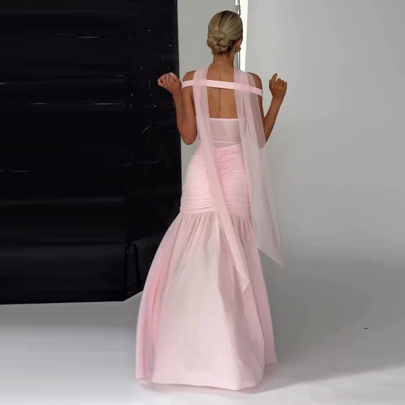 Women's Pleated Patchwork Slit Pink Long Dress Dresses