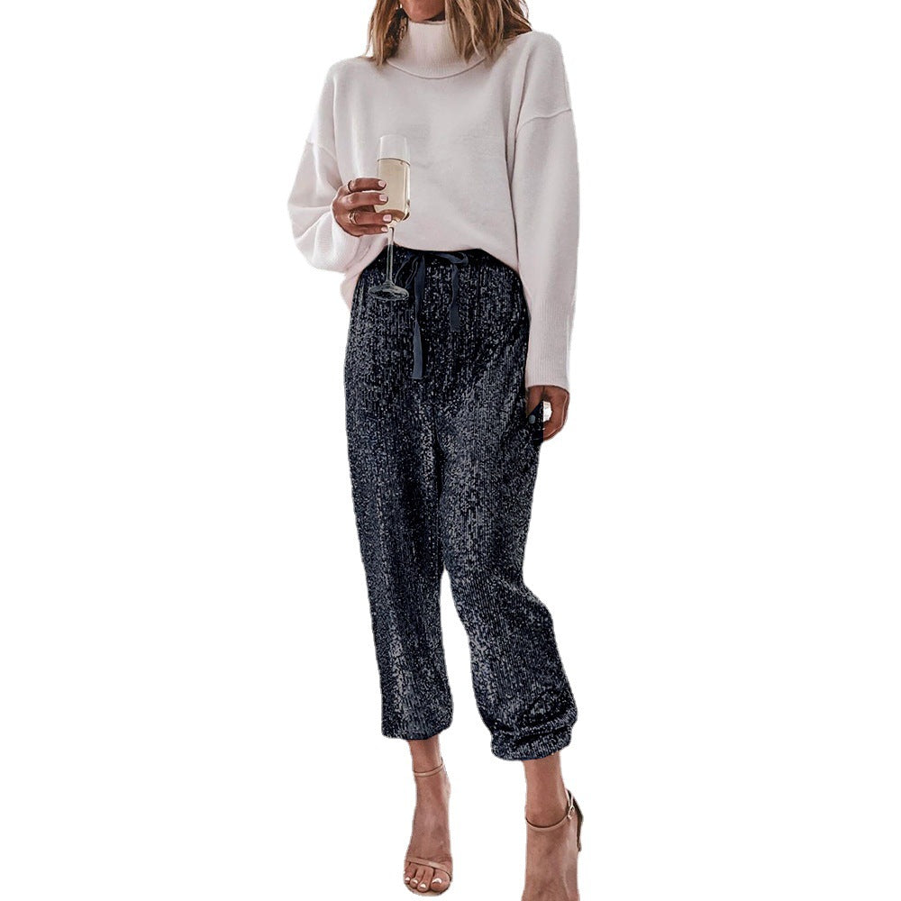 Sequin Sequined Drawstring High Waist Leg Pants