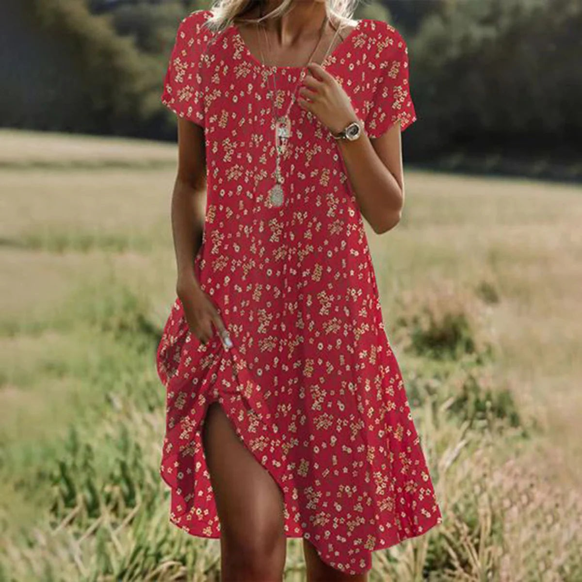 Summer Artistic Ethnic Style Scoop Mid-length Dresses