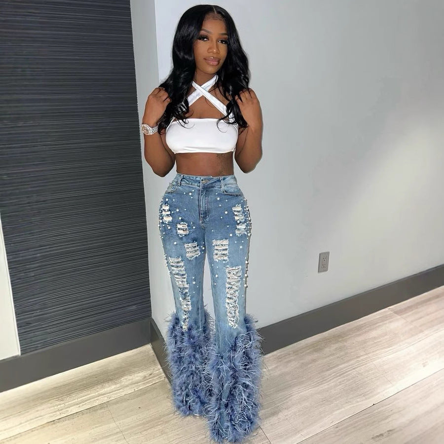 Classy Stretch Pearl Vintage Embellished Feather Jeans