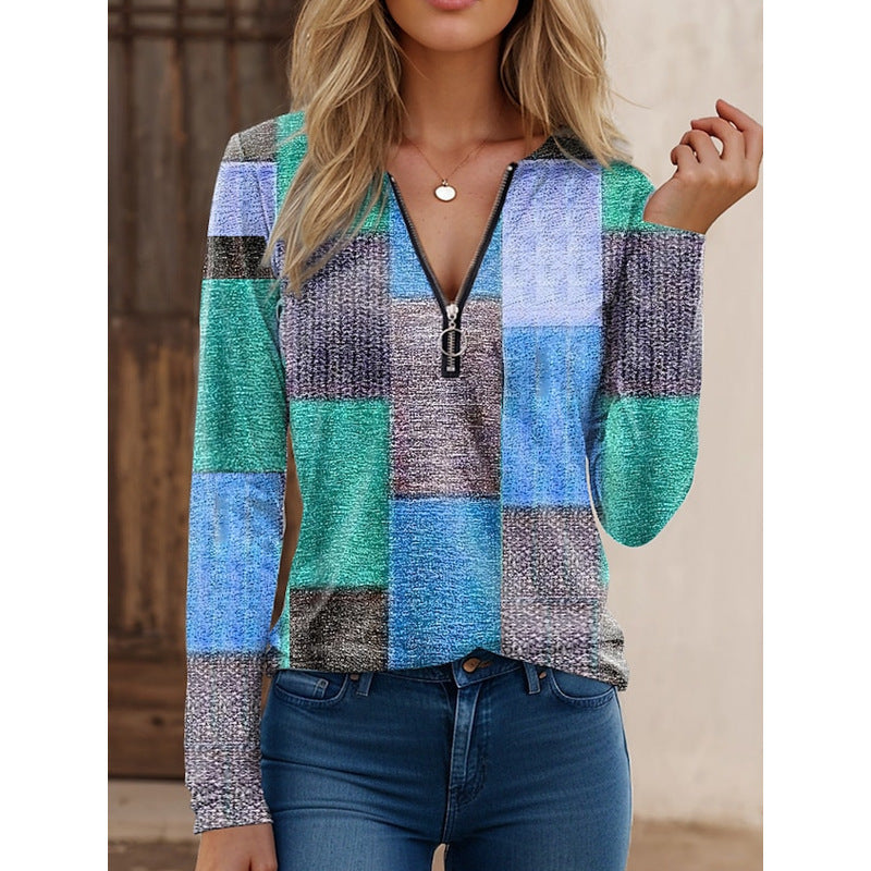 Women's Fashion Casual Loose Printed Zipper Cashmere Blouses