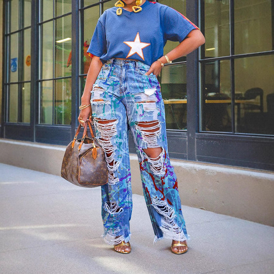 Summer Fashion Iti Printing Ripped Straight Jeans